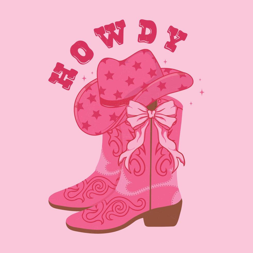 Howdy. cowboy boots and Cowgirl with bow and hats. Wild west theme. vector