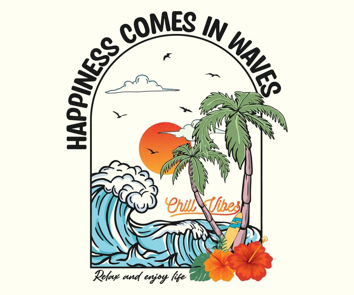 Happiness Comes In Waves. Summer text with a waves illustrations. Summer Beach Wave illustration. vector