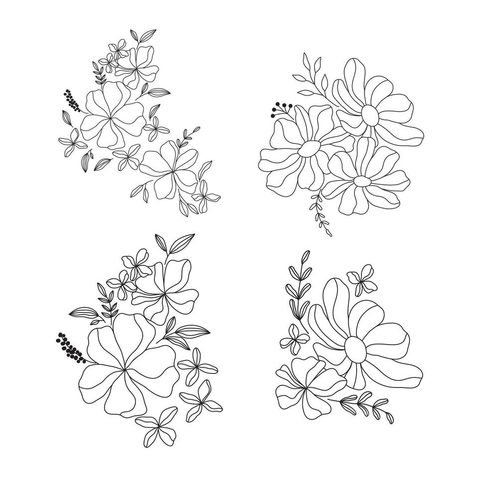Four different flowers are drawn in black and white vector