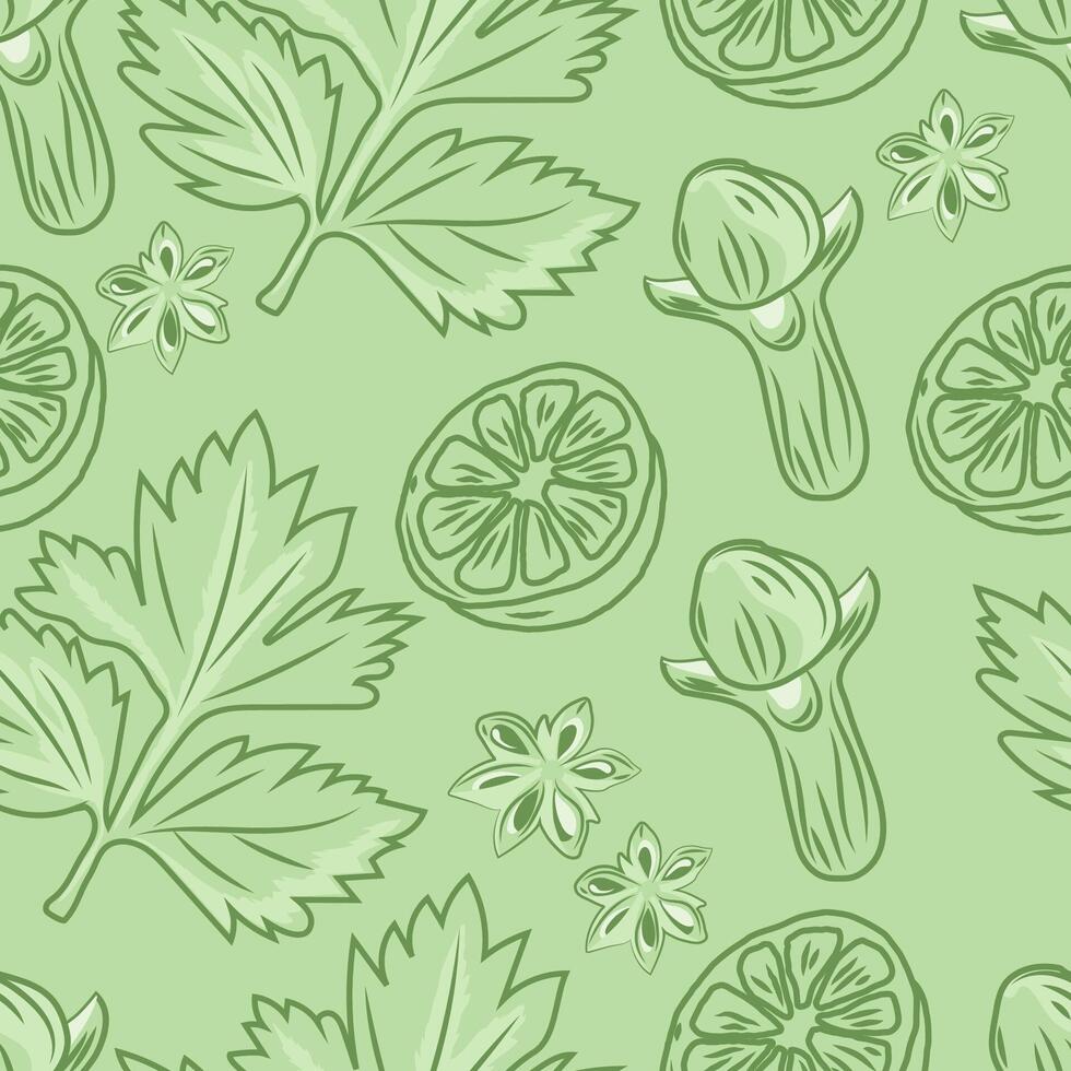 A green background with a variety of herbs and leaves vector