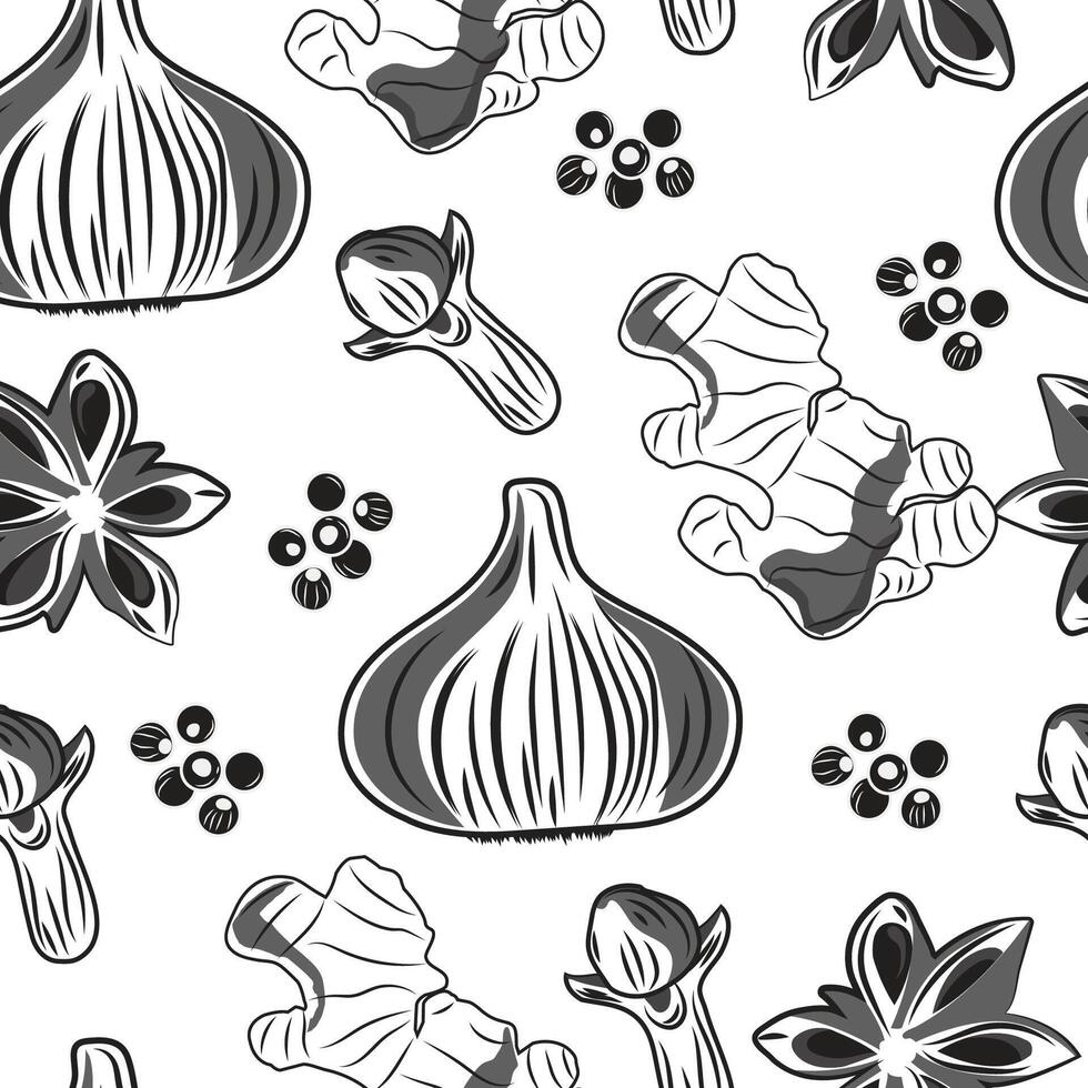 Seamless pattern of garlic and herbs on white background vector