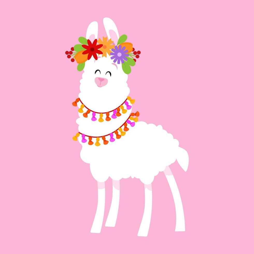 White llama with a flower crown on its head and ornaments on its neck vector