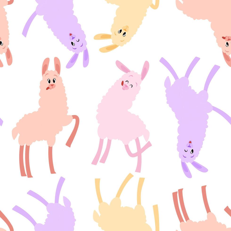 Cheerful pastel llamas in seamless pattern on white background vector