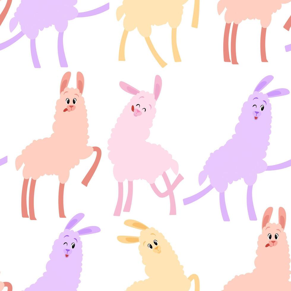 Cheerful colorful pastel llamas in seamless pattern on white background vector