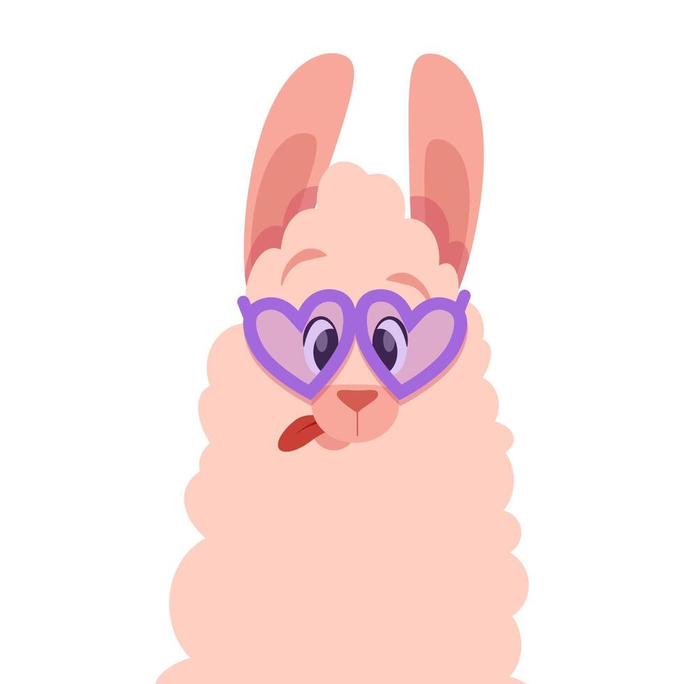 A funny and adorable llama with his tongue hanging out and heart-shaped glasses vector
