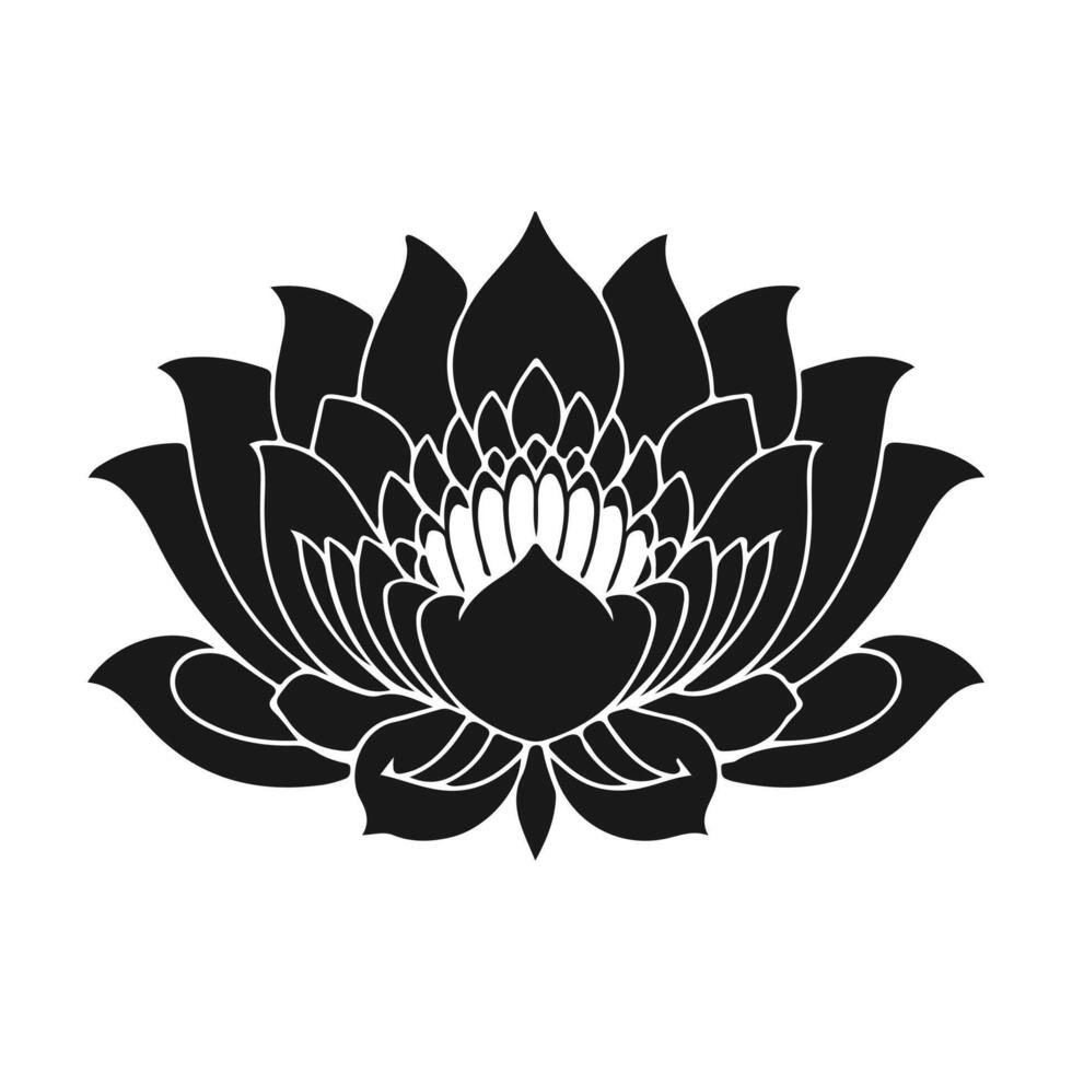 Elegant lotus bloom in solid black, perfectly centered against a clean white canvas. vector