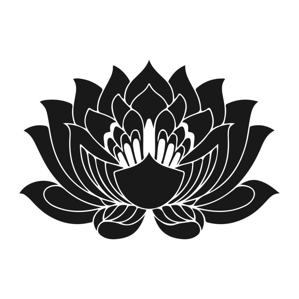 Minimalist black lotus silhouette with smooth, symmetrical petals on a crisp white background. vector