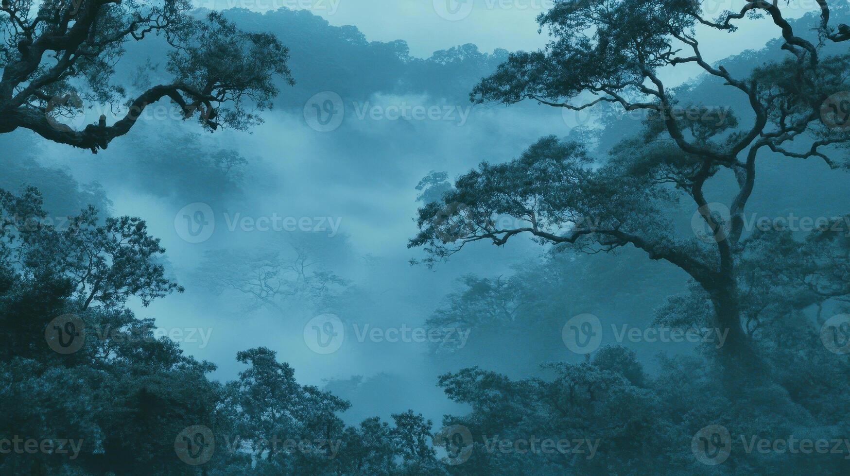 Ethereal Forest A Misty Canopy of Trees in Dreamy Blue Hues photo