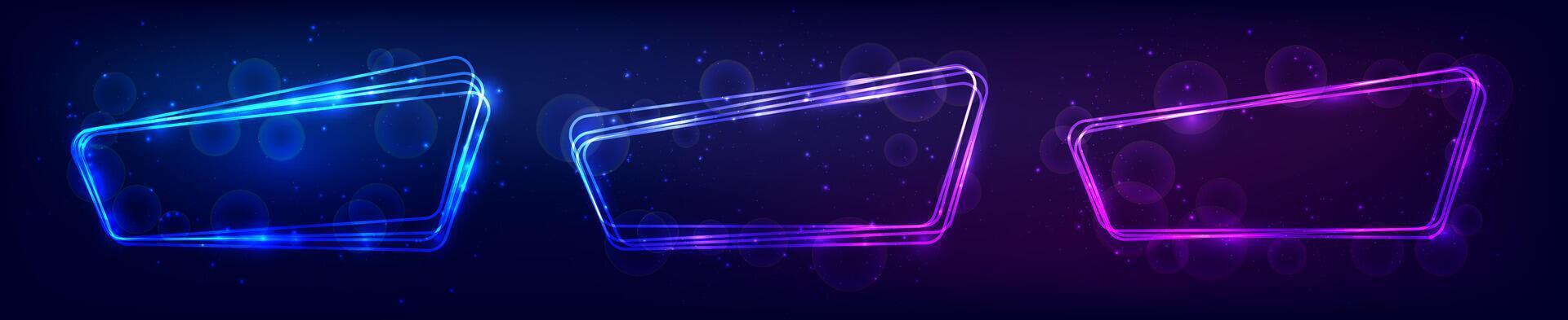 Set of three neon rounded frames with shining effects and sparkles on dark background. Empty glowing techno backdrop. illustration vector