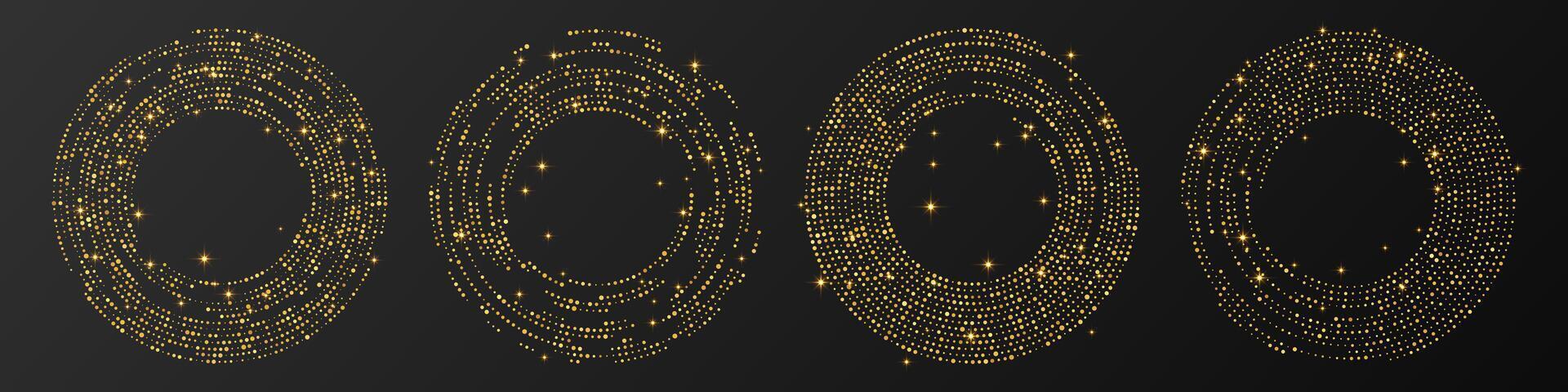 Abstract gold glowing halftone dotted background. Set of four gold glitter patterns in circle form. Circle halftone dots. vector