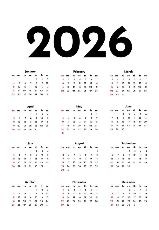 Calendar for 2026 isolated on a white background. Sunday to Monday, business template. illustration vector