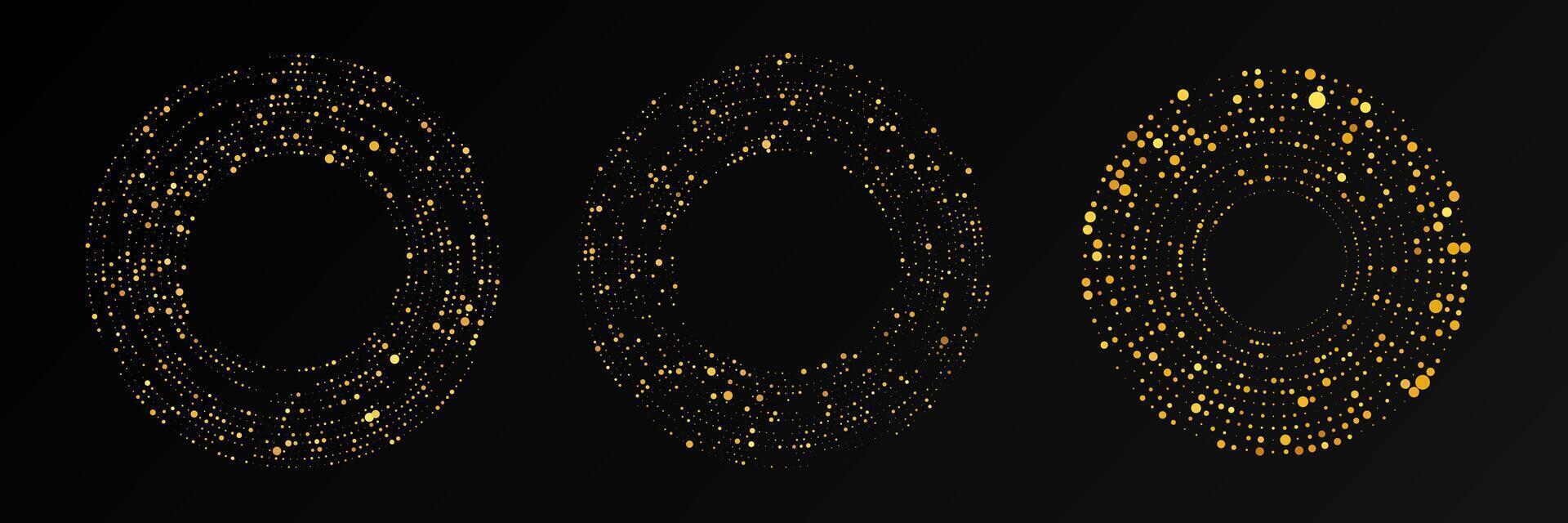 Abstract gold glowing halftone dotted background. Set of three gold glitter patterns in circle form. Circle halftone dots. vector