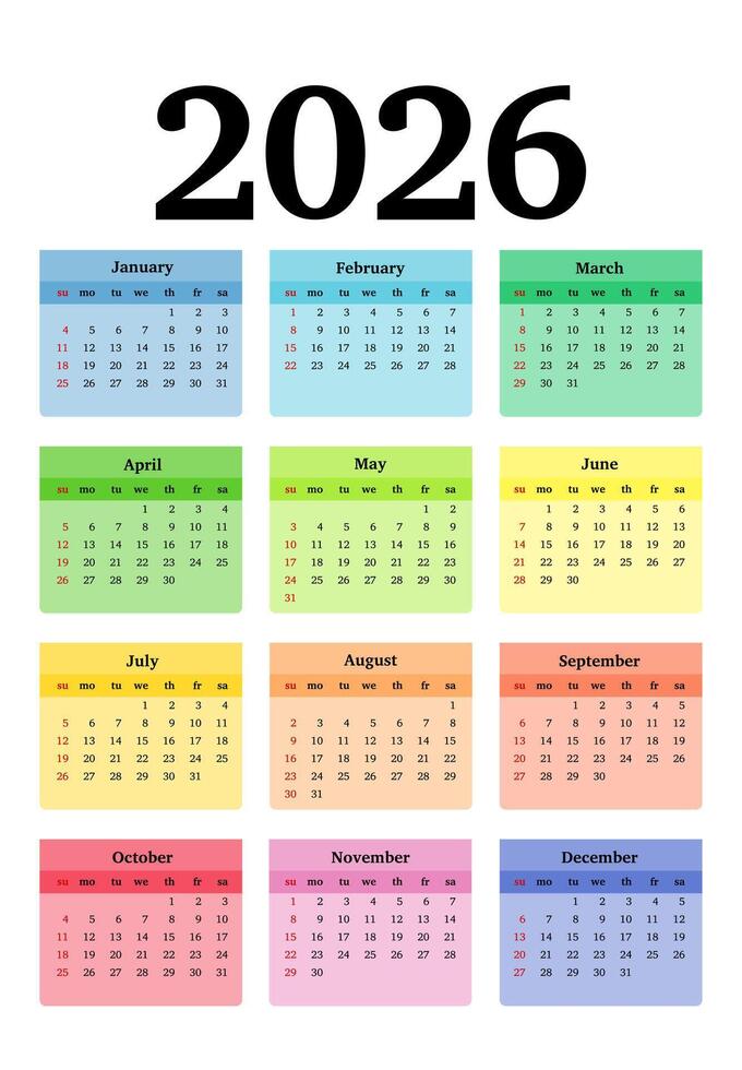 Calendar for 2026 isolated on a white background. Sunday to Monday, business template. vector