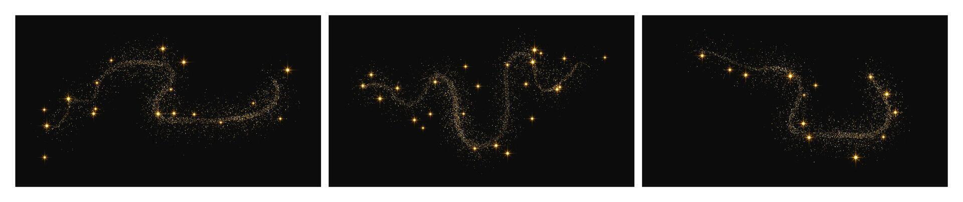 Gold glittering confetti wave and stardust. Set of three backdrops with golden sparkles on background. illustration vector
