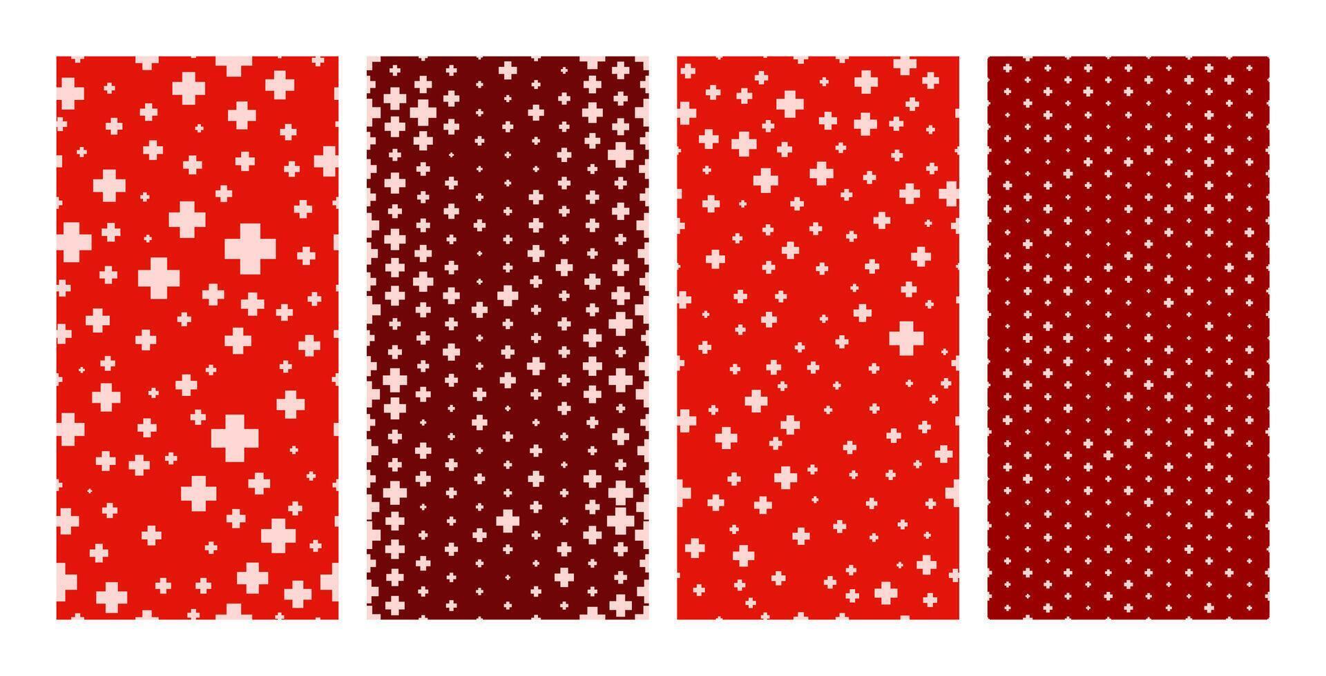 Set of seamless hospital backgrounds with plus symbols. White symbol of medicine on a red background. vector