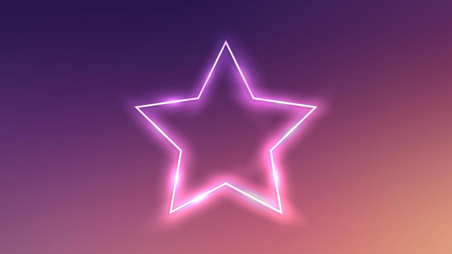 Neon frame in star form with shining effects on dark purple background. Empty glowing techno backdrop. illustration vector