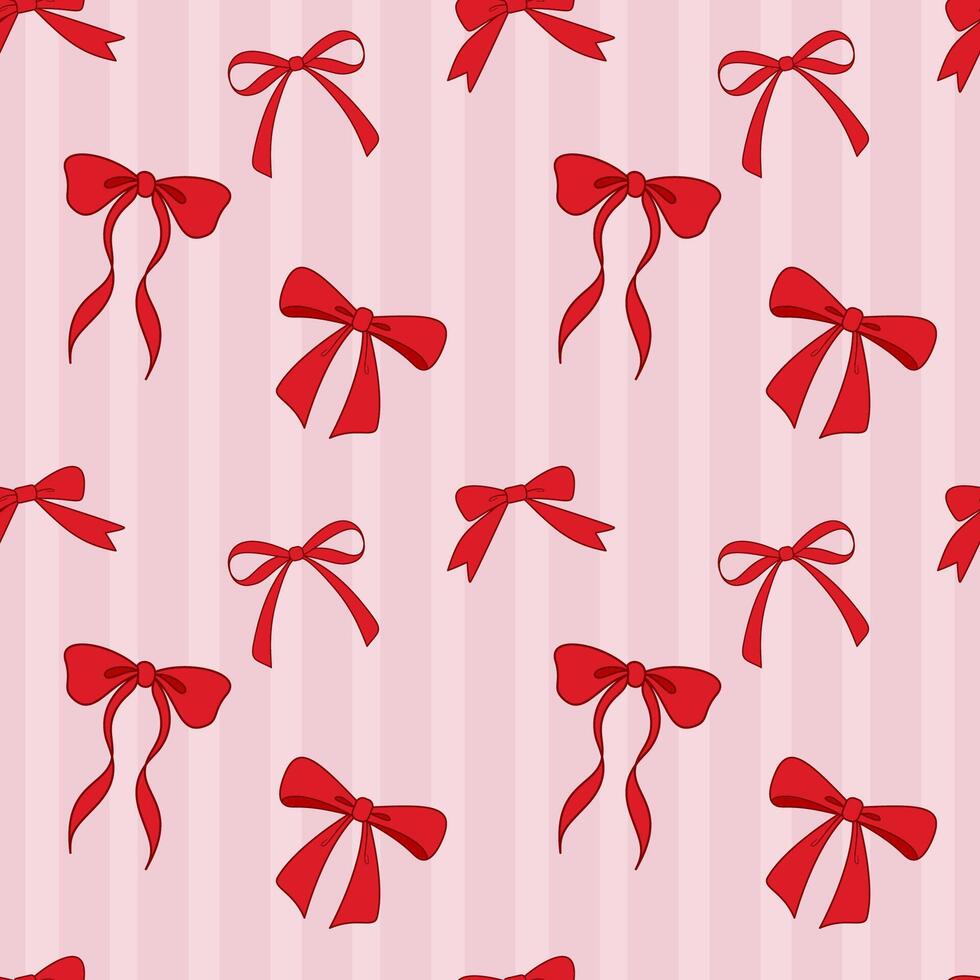 Red bows on pink stripe pattern. Set of ribbon wallpaper design. vector