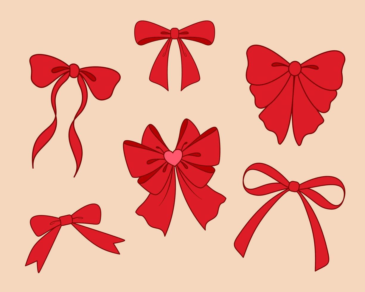 Set of red bows. Ribbon collection. vector