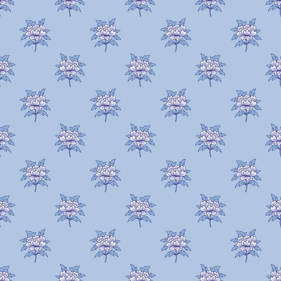 Seamless pattern with peony on light blue background. Chinese flower surface wallpaper. Monochrome floral illustration. Chinoiserie design. Oriental vibes. vector