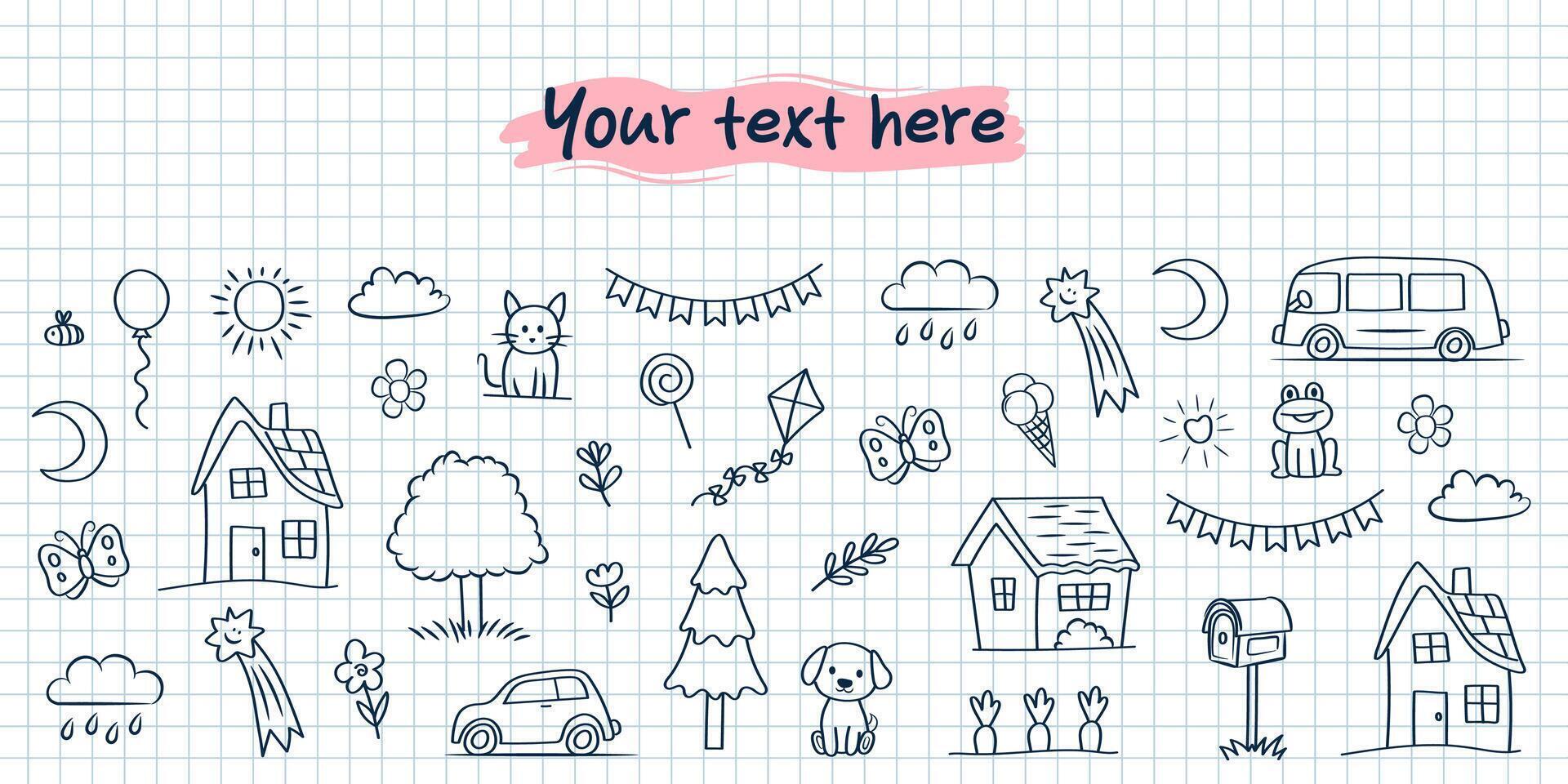 Banner template. Cute doodle children's drawings on a notebook sheet. vector