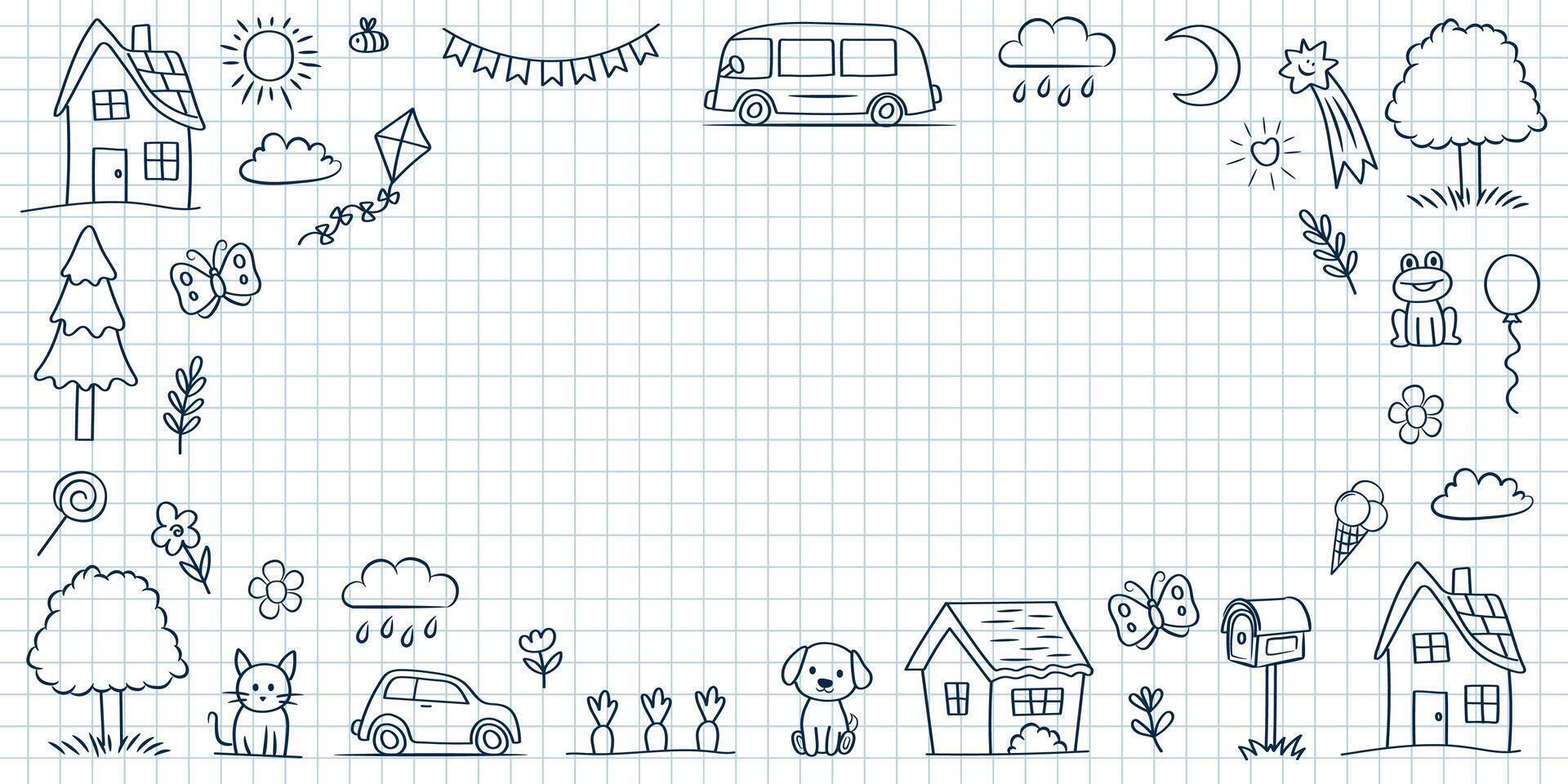 Banner template with cute doodle children's drawings. House, tree, cat, dog on a notebook sheet. vector