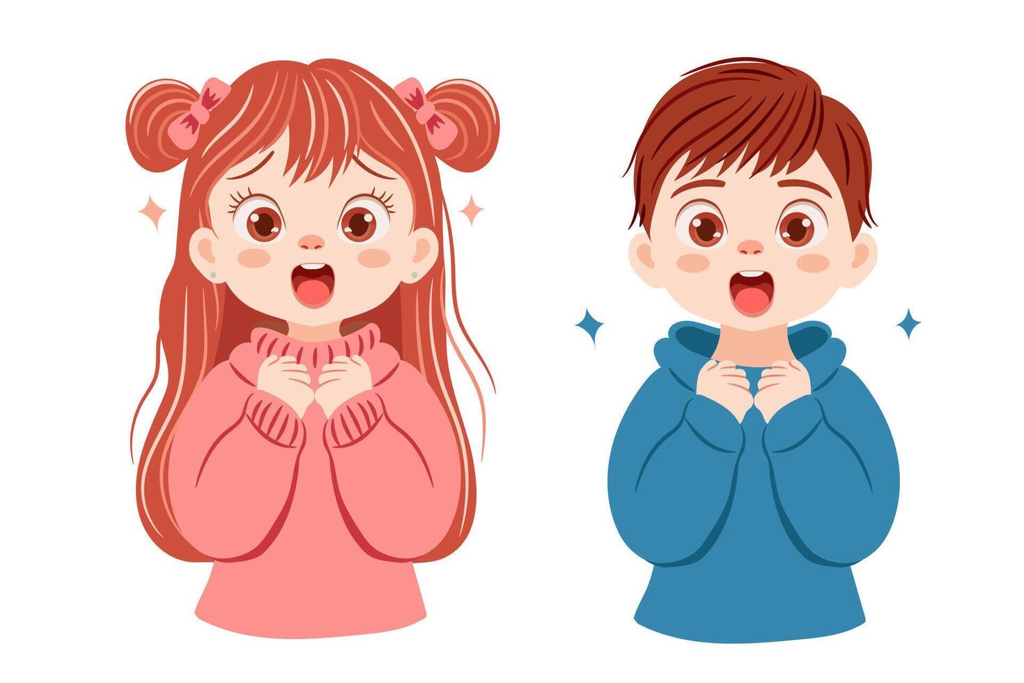 Surprised happy boy and girl. Cute children in cartoon style on white background. vector