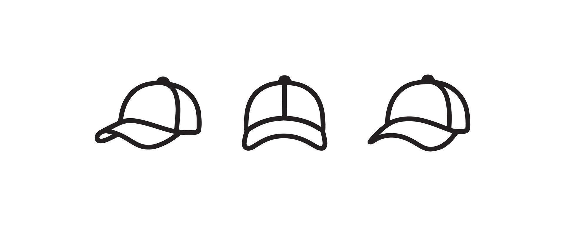 Baseball cap icon set in black outline vector