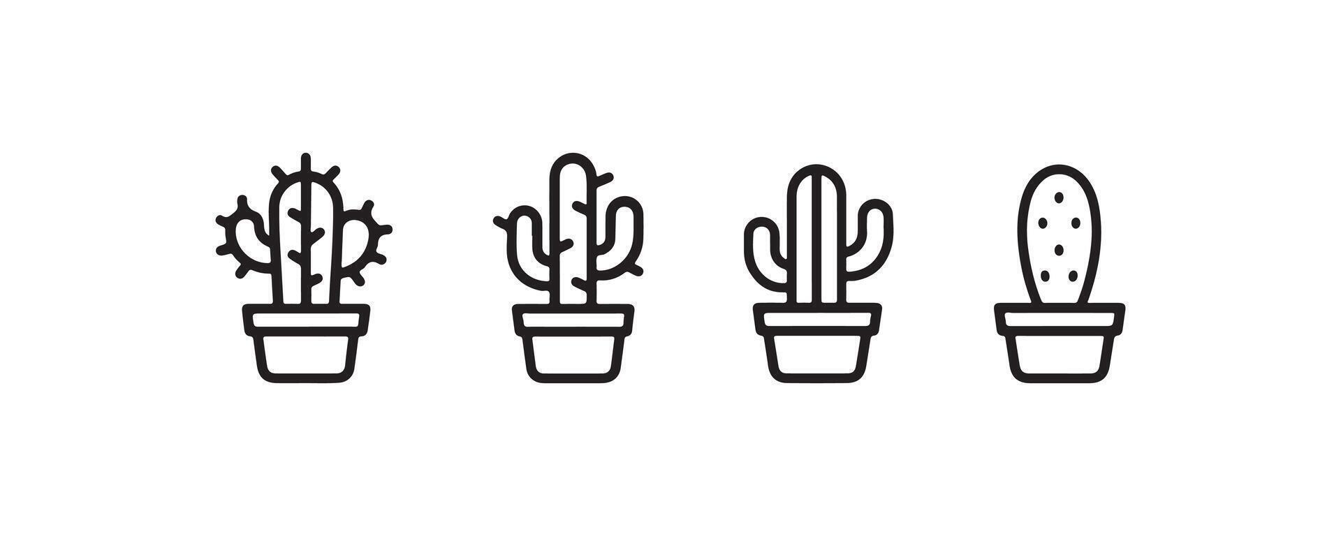 Cactus icon set in pots outline style vector