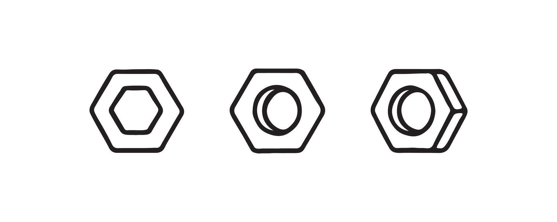 Hex nut icons in bold outline style vector