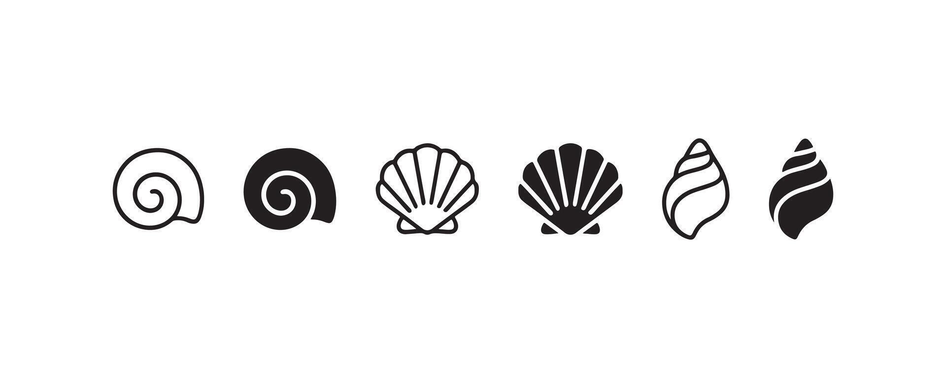 Seashell icon collection in outline and solid vector
