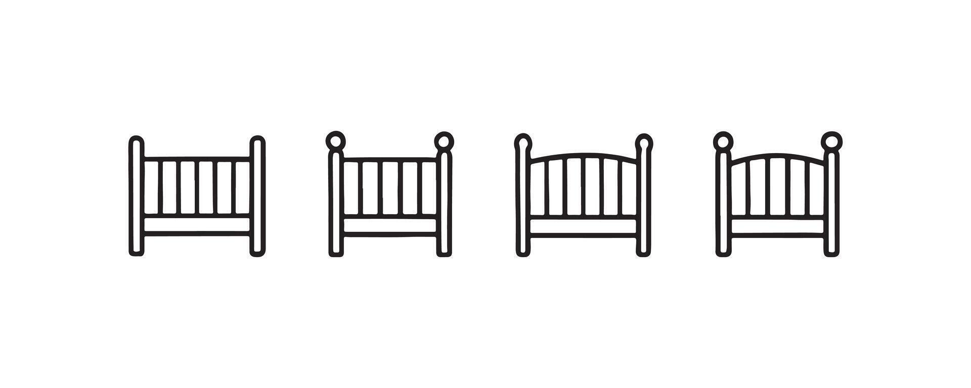 Baby crib icon set in black outline style vector