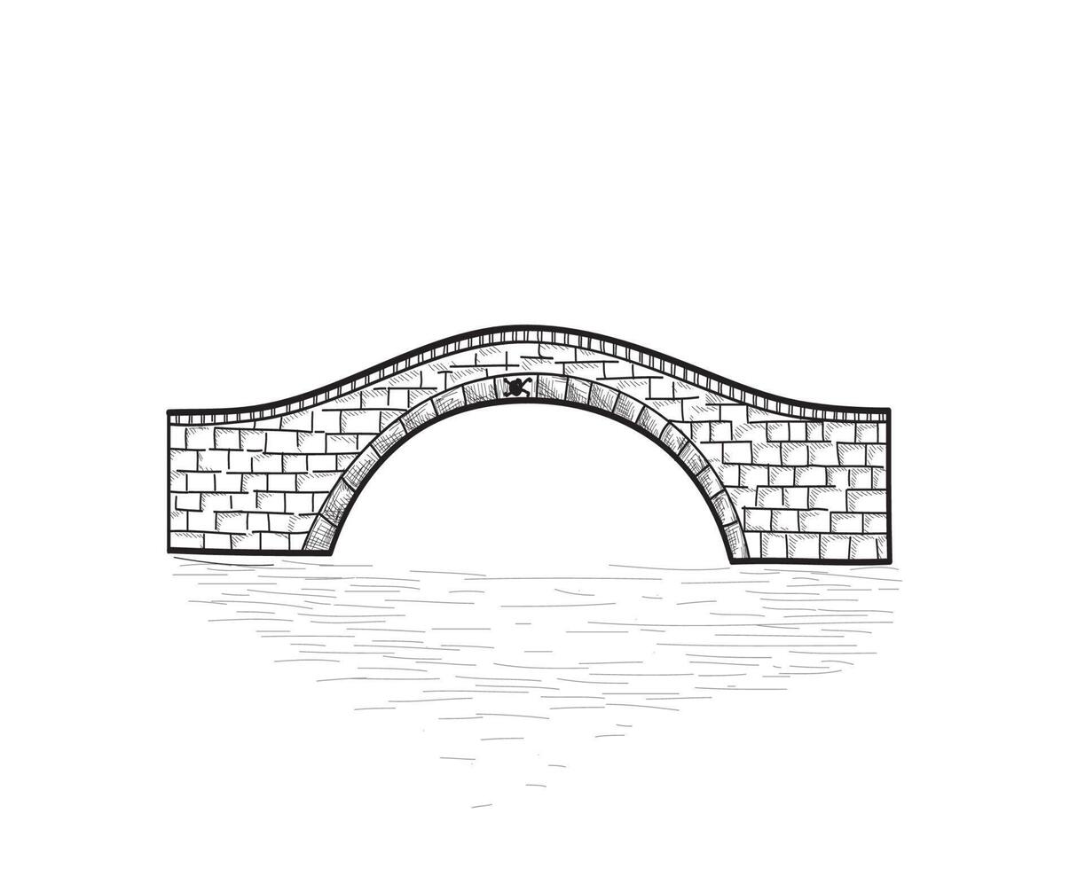 Small stone bridge isolated. Engraving retro illustration Doodle line art vector