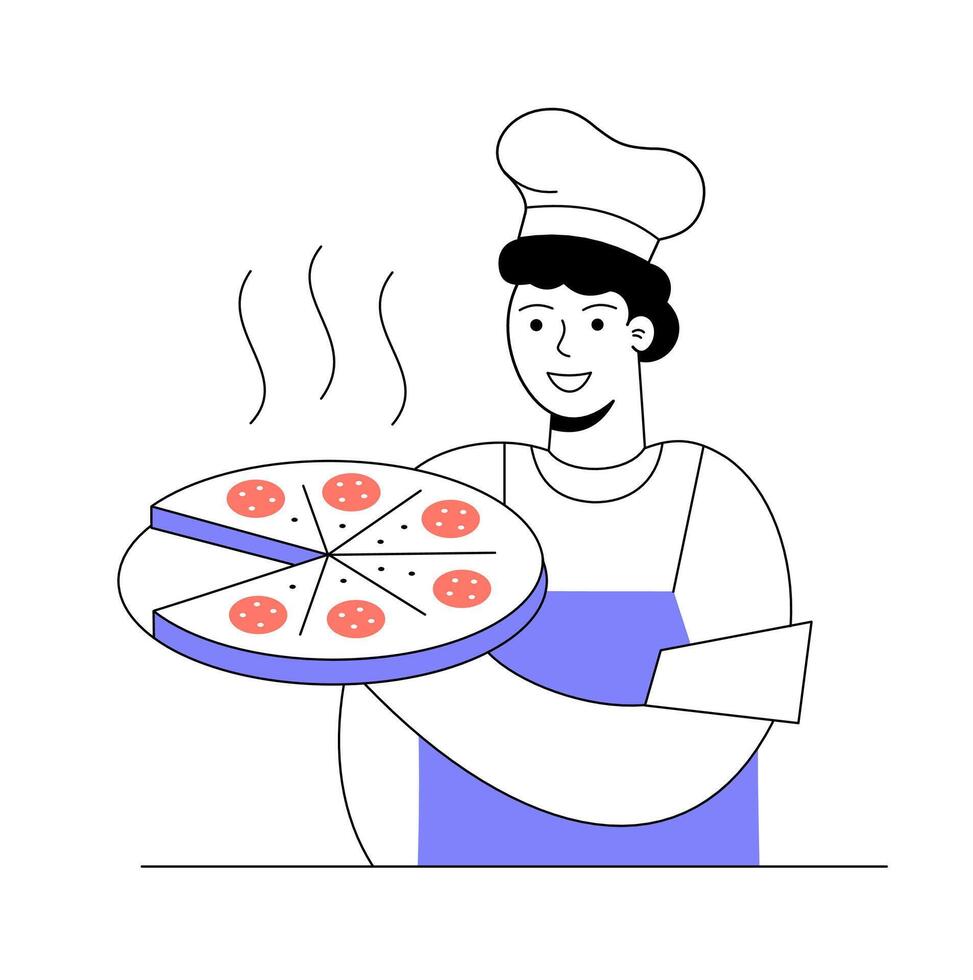 Pizza maker holding pizza in hand. Linear style illustration. vector