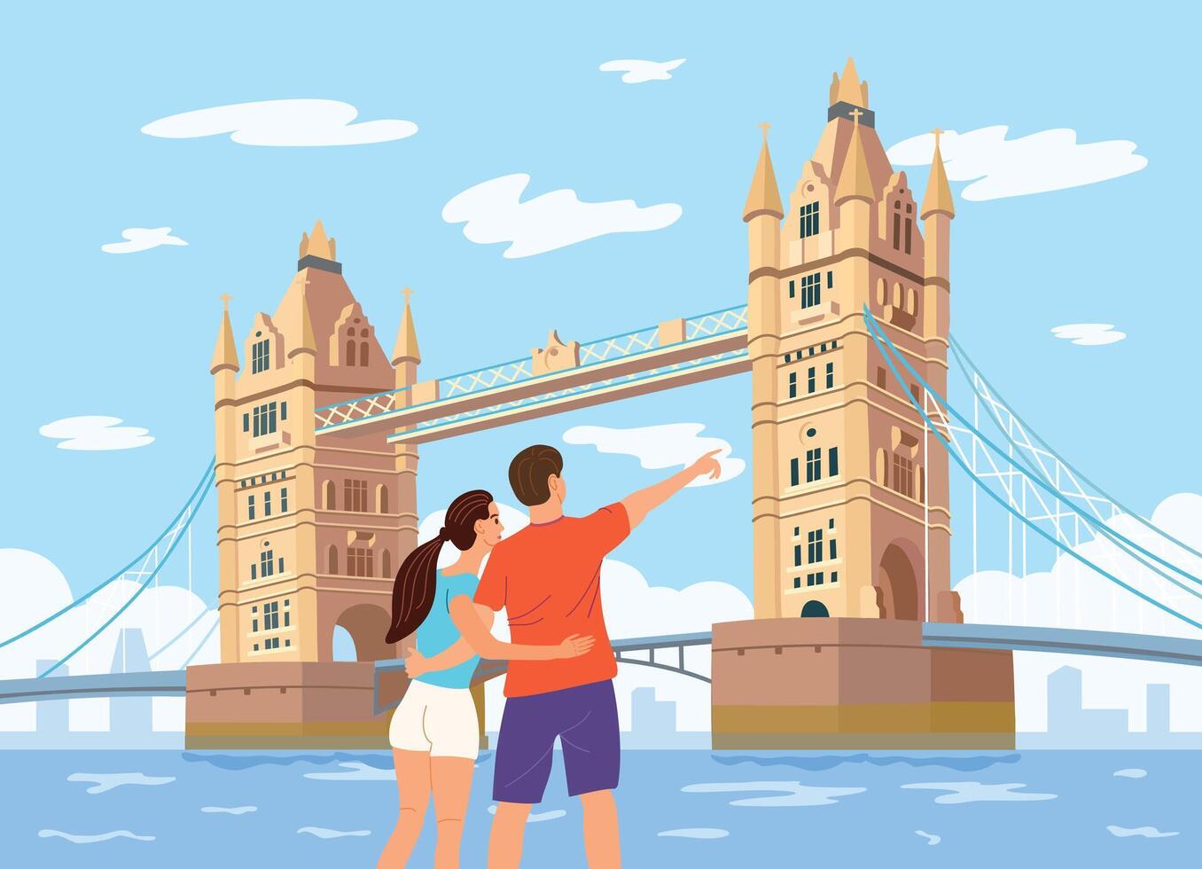 Girl and boy looking at London landmarks - Tower Bridge. vector