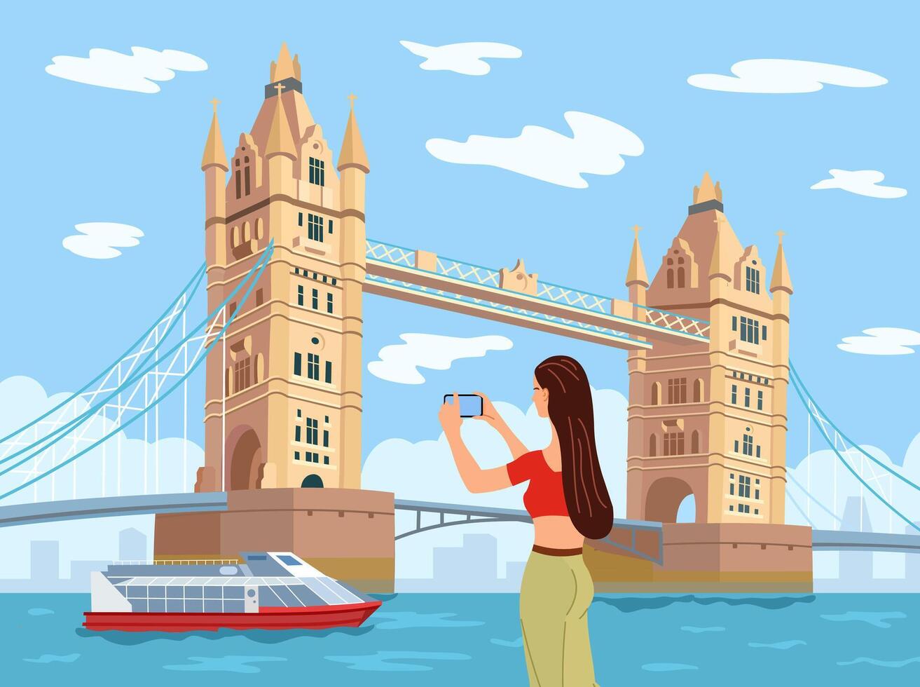 Girl looks and takes pictures of London landmark - Tower Bridge vector