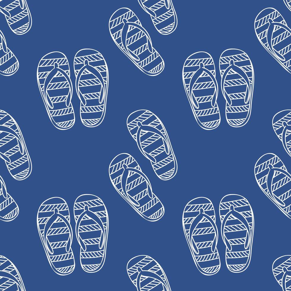 Seamless pattern with hand drawn slippers as white line on dark blue background. Minimalist illustration of cozy shoes for kids fabric, wrapping paper, kids room decor, coloring books and surface vector