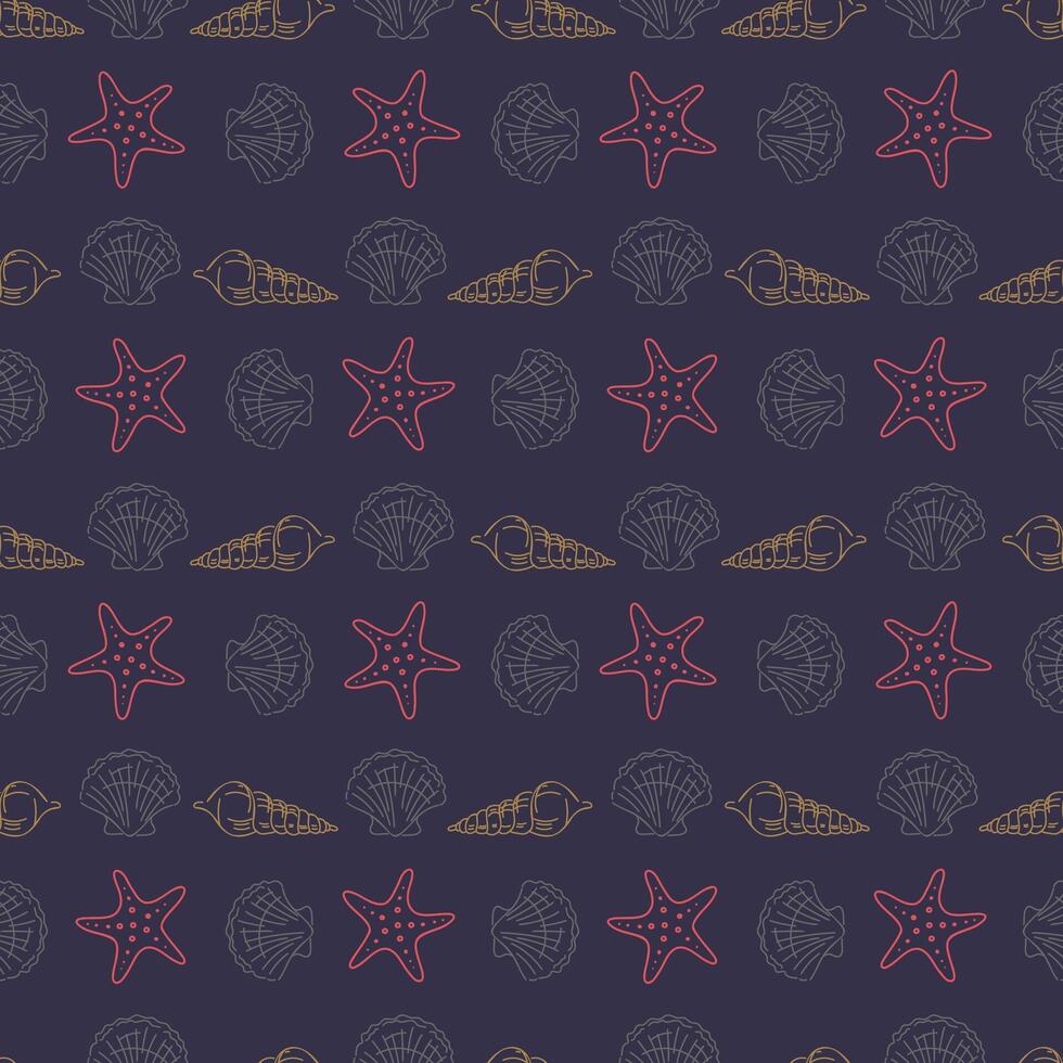Seamless nautical pattern with seashells and starfish in red and beige line art on dark blue background. Elegant marine design for fabric, wrapping paper, summer decoration and ocean-themed projects. vector