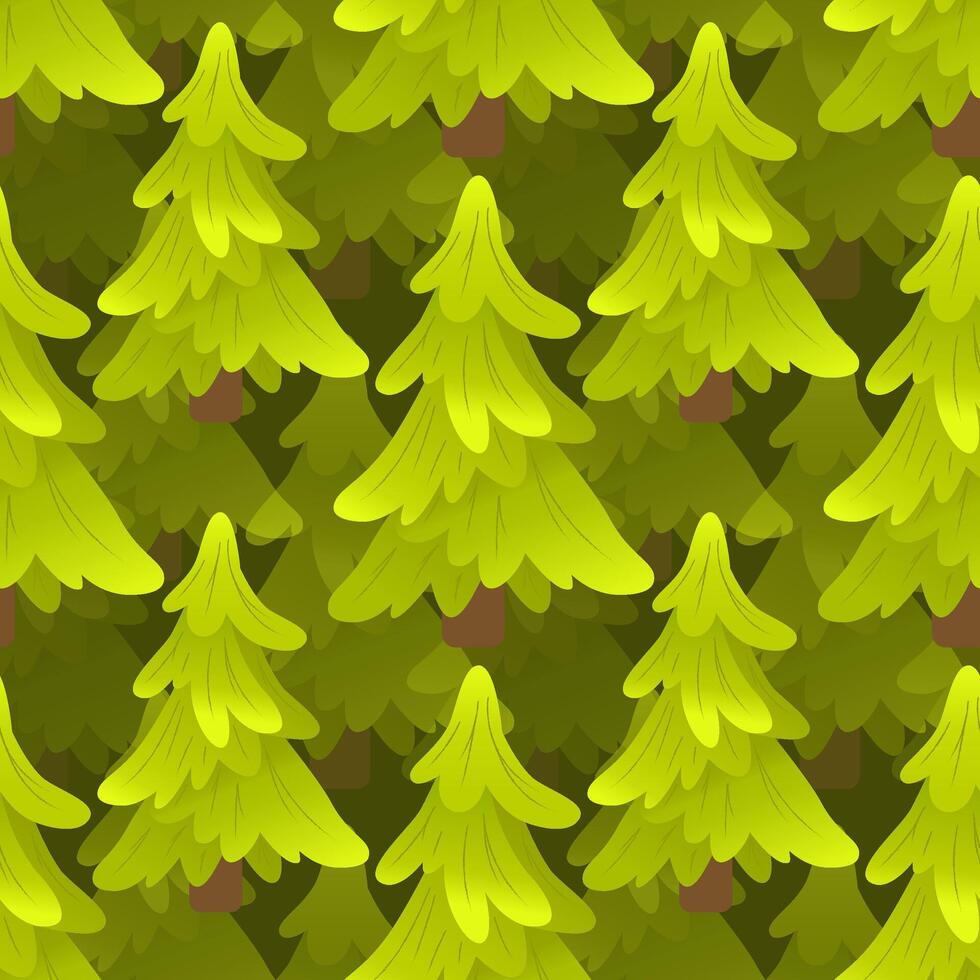 Seamless pattern with fluffy cartoon trees on dark green background. Cute winter forest design for kids, holiday decor, wrapping paper, fabric, greeting cards and holiday projects. vector