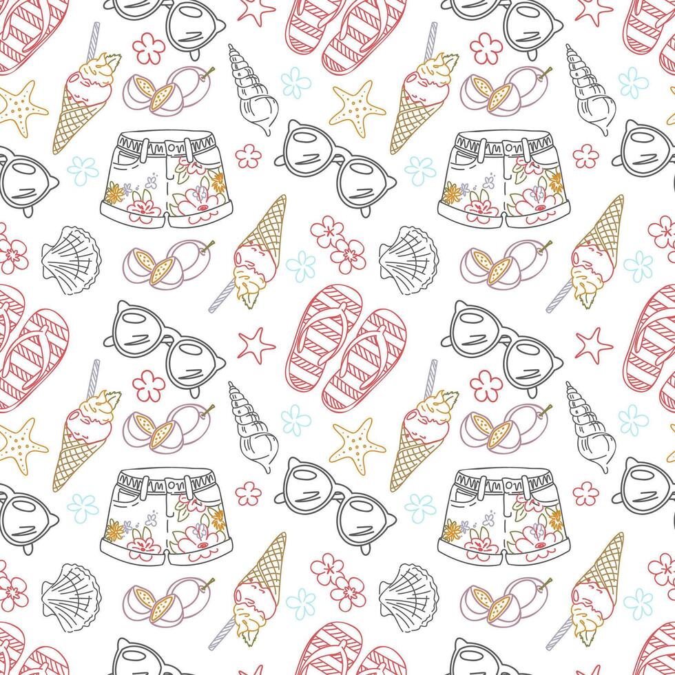 Seamless Summer Pattern with Line Art Elements Flip Flops, Ice Cream, Shorts, Flowers, Shells and Sunglasses Cute Hand Drawn Vacation Design vector