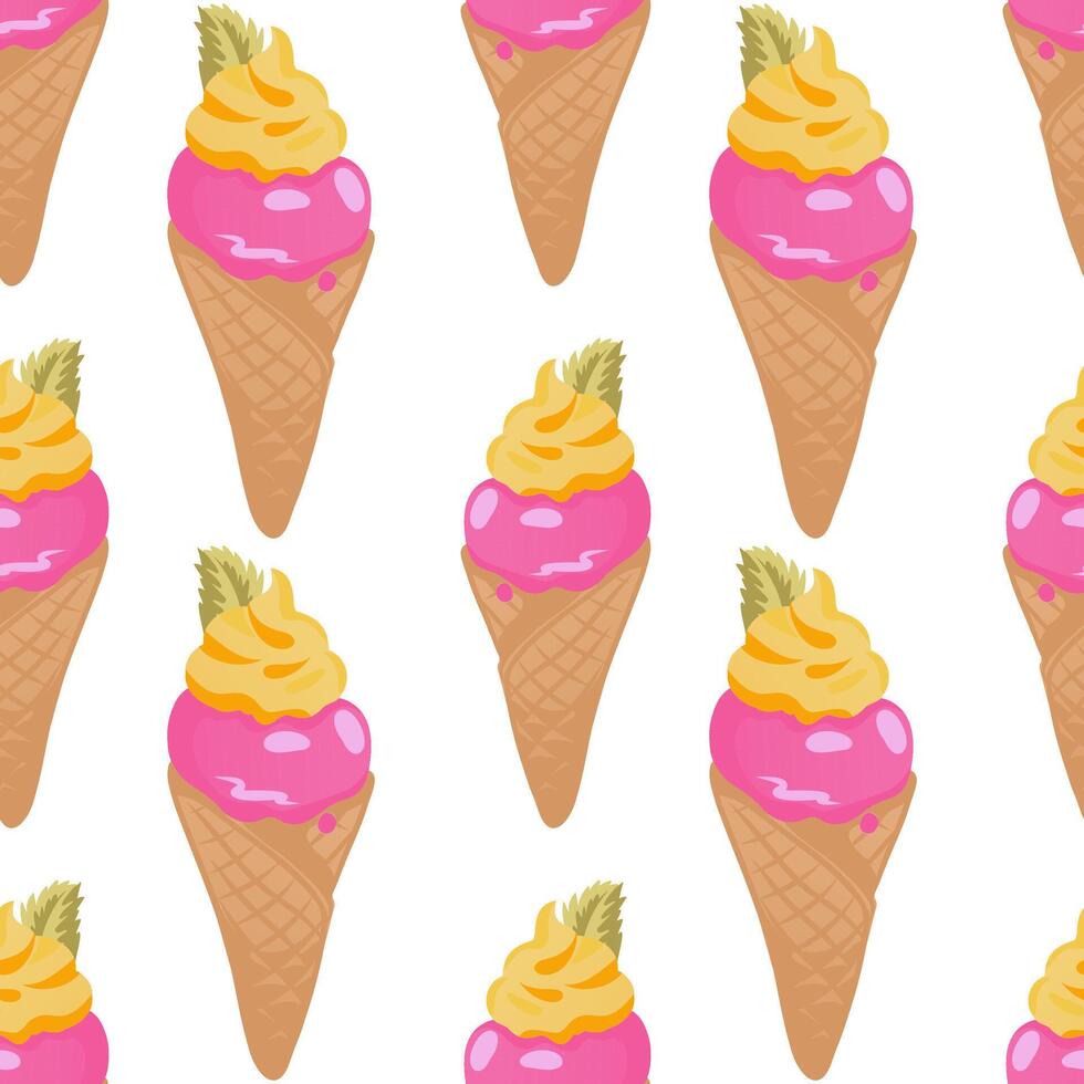 Seamless pattern with colorful cartoon ice cream cones, waffle texture, fruity scoops and striped straws. Bright summer dessert background for kids products, textiles, packaging, wallpapers. vector