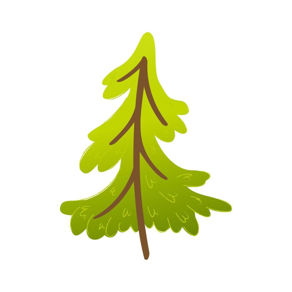 Fluffy cartoon fir tree with thick fluffy branches and trunk. Cute forest illustration in flat style for kids design, game asset, winter decoration, eco symbol or seasonal element. vector