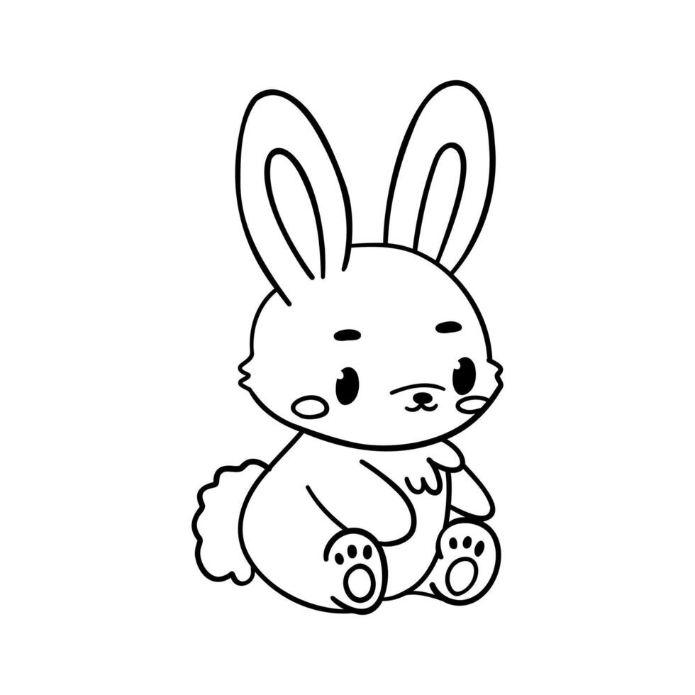 Cute bunny line art coloring illustration hand-drawn baby rabbit outline with fluffy tail and big ears, perfect for kids activity pages, printable coloring books, worksheets, and creative learning vector