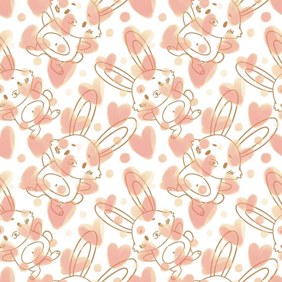 This seamless pattern features adorable hand-drawn line art bunnies with soft watercolor-style hearts and dots in pastel tones. The sketchy, whimsical style gives it a gentle vector