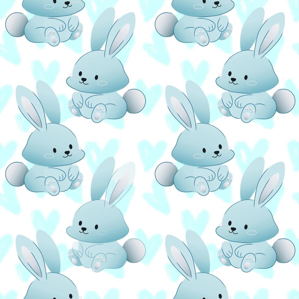 Seamless baby blue bunny pattern with cute hearts pastel cartoon rabbit design for kids fabric, nursery decor, wrapping paper, baby shower, Easter and childrens products vector