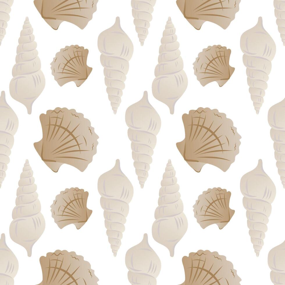 Seamless pattern with hand drawn seashells on white background. Beach themed marine design for summer textile, wrapping paper, kids products, ocean decor and nautical surface prints. vector