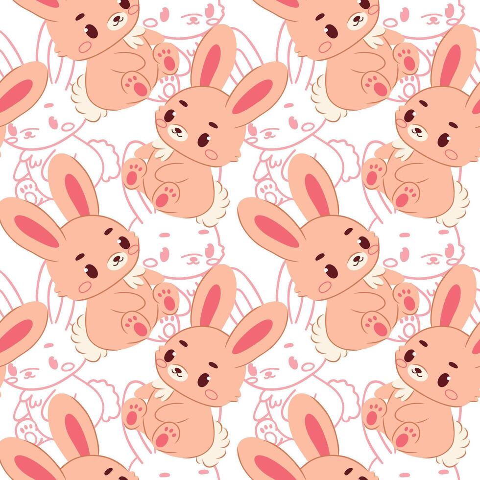 Seamless cute bunny pattern pink baby rabbit with fluffy tail in color and line art style, perfect for kids fabric, nursery decor, wrapping paper, baby shower designs, and Easter projects vector