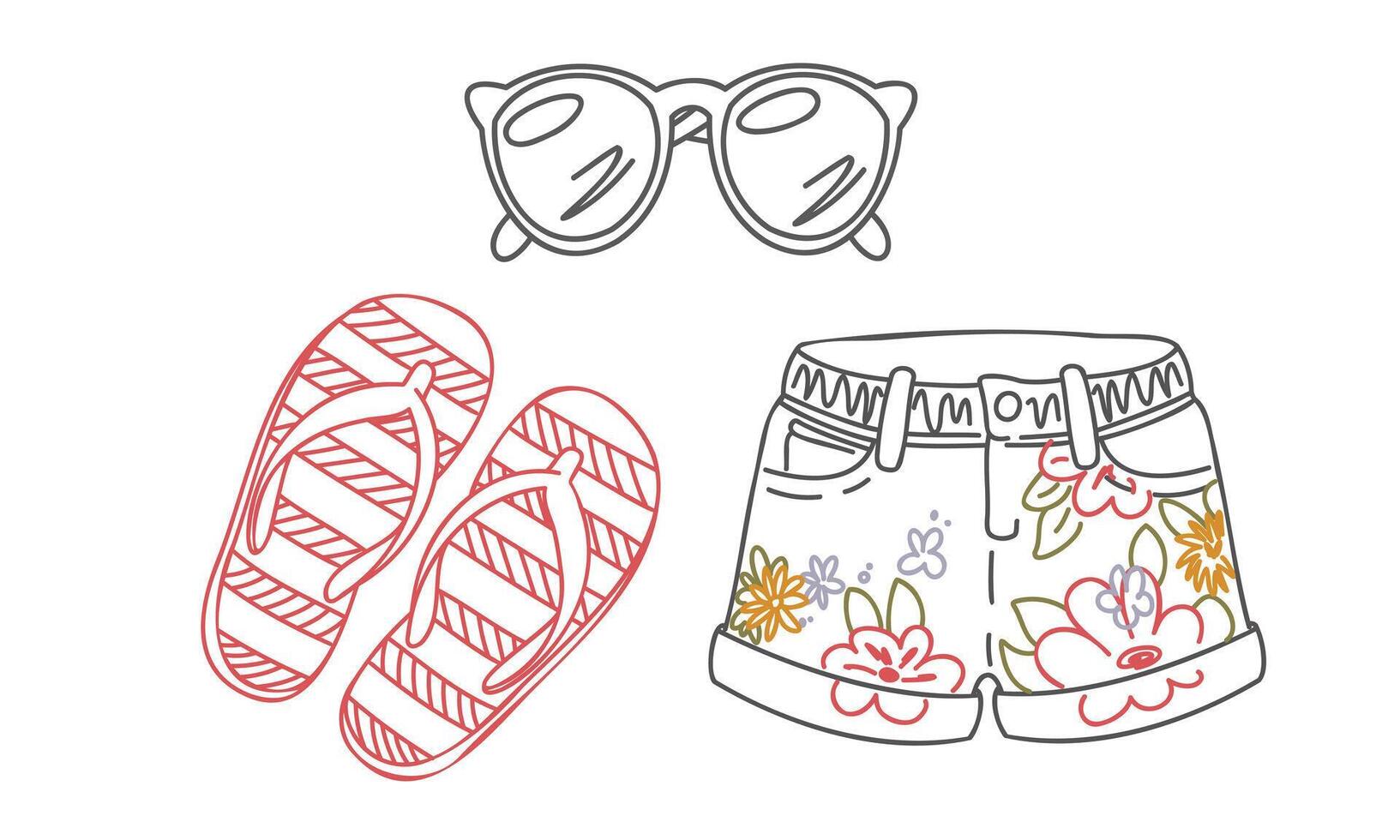 Summer doodle clipart of floral shorts, striped flip-flops and trendy sunglasses. Hand-drawn casual outfit elements for vacation, fashion blog, kids design and seasonal print projects. vector