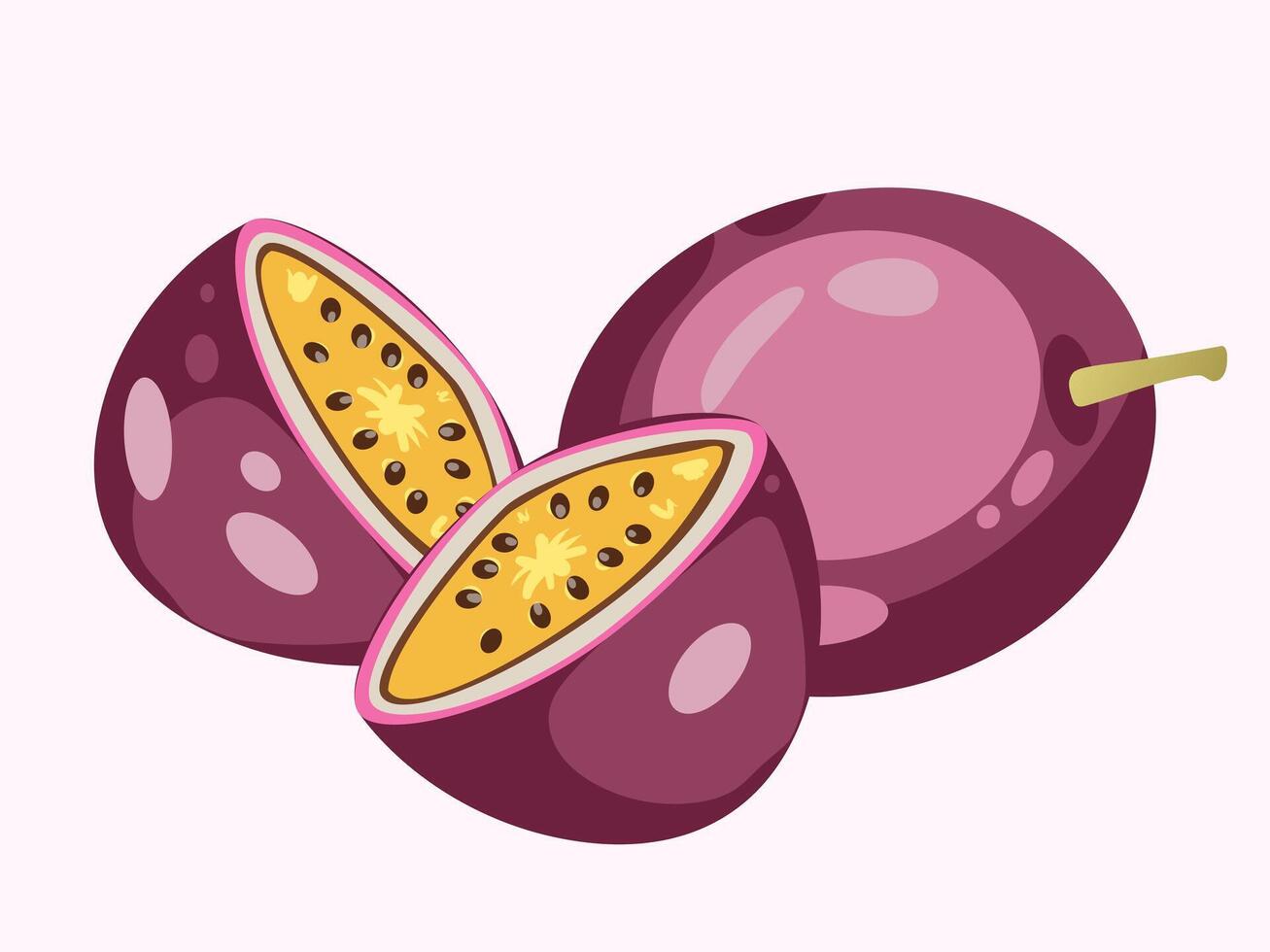 Tropical passionfruit cartoon illustration fresh juicy exotic fruit cut in half, healthy vibrant food design for summer prints, kitchen decor, smoothie menu and organic market projects vector