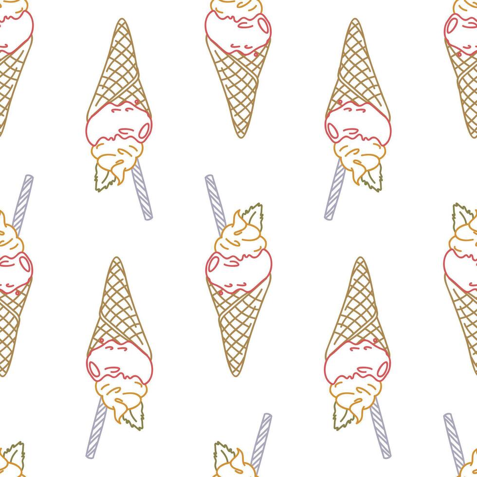 Seamless template with colorful line art of ice cream cones, waffle texture, fruit balls and striped straws. Bright summer dessert background for children's products, textiles, packaging, wallpapers. vector