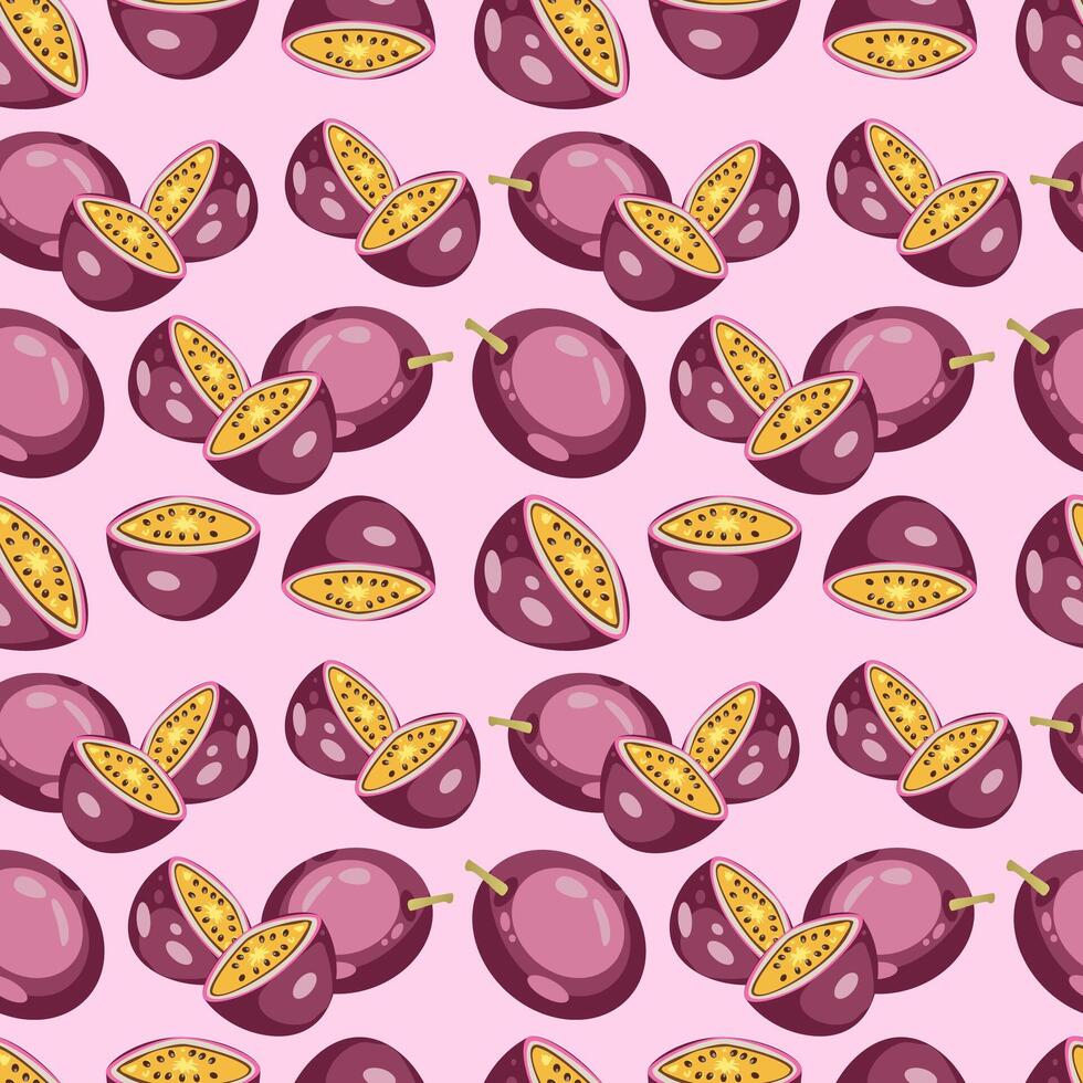 Seamless tropical passionfruit pattern vibrant exotic fruit repeat design for fabric, wrapping paper, kitchen decor, summer menu, digital backgrounds and healthy organic food packaging vector